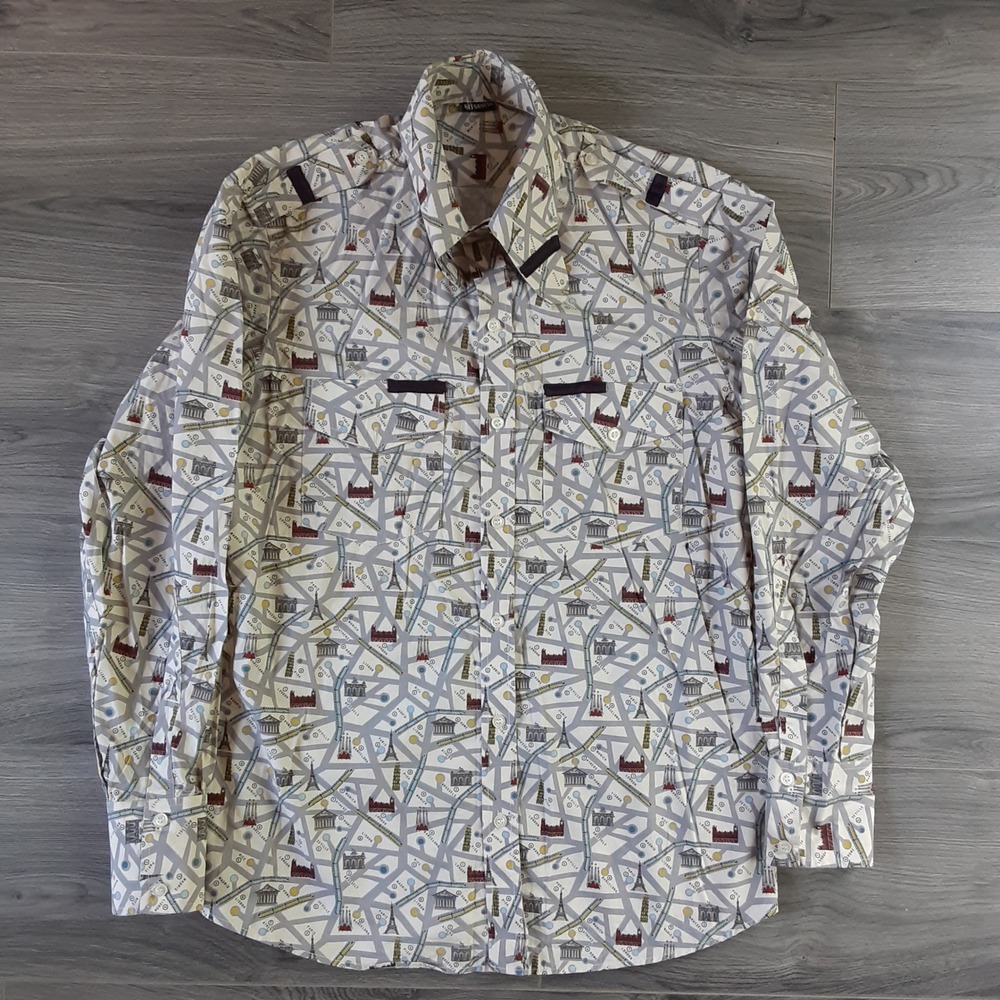 Ganesh Mens European City Map Landmark Print Button Down Shirt Multicolor Large